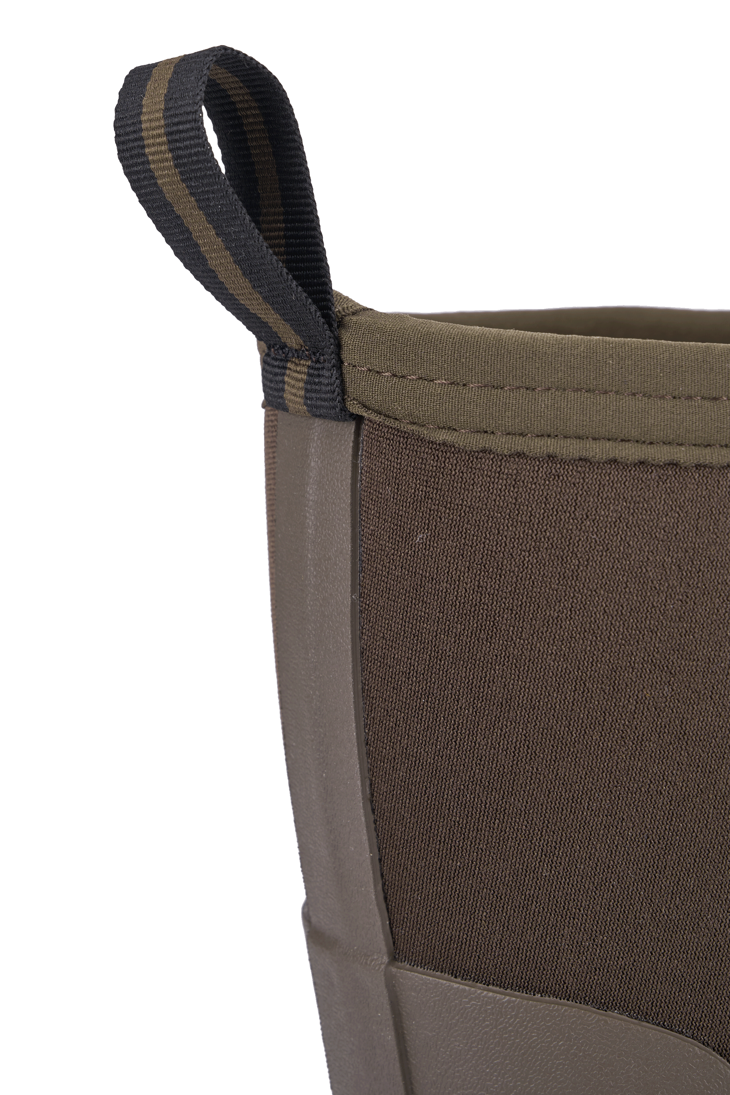 alt="Close-up of Trudave AquaGrip Series men’s waterproof mid-calf rubber work boots in olive green showing pull loop detail with reinforced collar for easy on-off use and durable waterproof performance"
